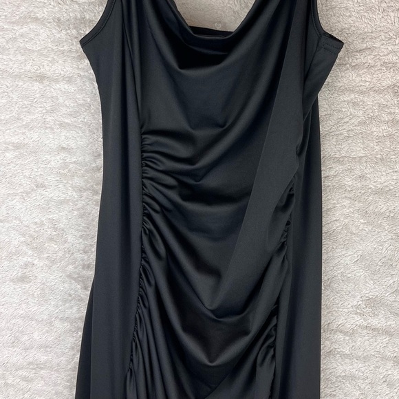 Slinky Black Ruched Dress Cowl Neck Maxi Medium Adjustable Spaghetti Straps - Picture 4 of 16